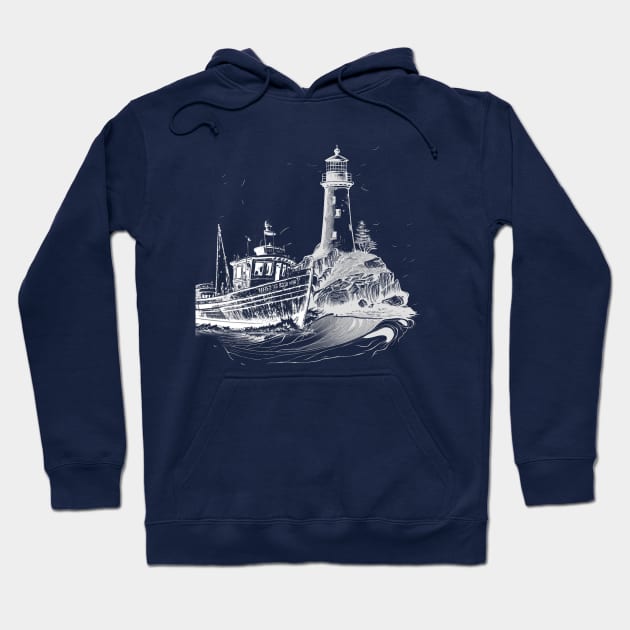 lighthouse with an old boat in vintage style Hoodie by megadeisgns